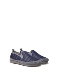 Marina blå vadderade slip-on skor med grå filt detaljer, en mjuk foder och en texturerad gummisula. Har dragflikar för enkel påtagning.