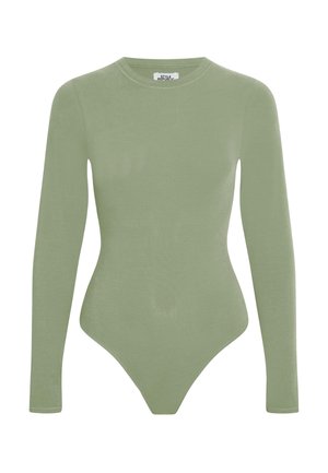 Langslief bodysuit in gedempt groen, gemaakt van soepele stof. Bevat een ronde halslijn en een aansluitend ontwerp met een hoog uitgesneden been.