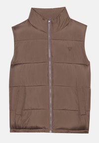 Gilet imbottito marrone con collo alto, cerniera frontale e due tasche laterali. Tessuto liscio con una leggera lucentezza e cuciture orizzontali.