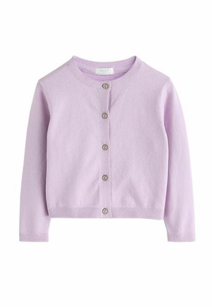 Jasnofioletowy krótki kardigan z długim rękawem, okrągłym dekoltem i pięcioma guzikami z przodu, wykonany z miękkiej dzianiny.
