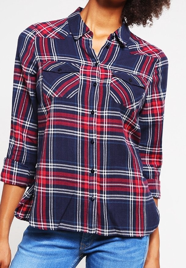 Camicia a quadri blu navy e rossa con bottoni, due tasche sul petto e maniche arrotolate, realizzata in tessuto leggero con una texture morbida.