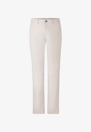 Beżowe bawełniane spodnie o prostych nogawkach, z zapięciem na guzik z przodu i klasycznymi kieszeniami. Gładka faktura, minimalistyczne detale.