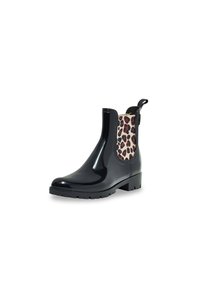 Bottes Chelsea en caoutchouc noir avec une finition brillante, dotées d'un panneau latéral élastique en imprimé léopard et d'une semelle épaisse noire.