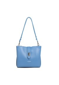 Light blue leather handbag with a textured surface, square shape, detachable strap, and a silver hardware clasp on a flap.