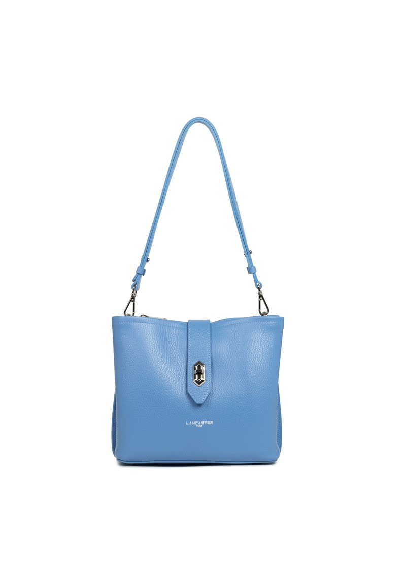 Light blue leather handbag with a textured surface, square shape, detachable strap, and a silver hardware clasp on a flap.
