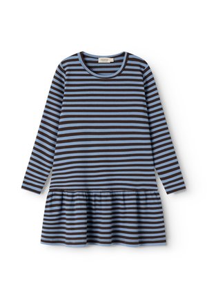 Robe à manches longues avec rayures horizontales bleu et marron foncé et une partie jupe à volants à l'ourlet.