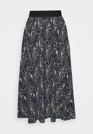 Black and white paisley-patterned midi skirt with a wide black elastic waistband and a flowy silhouette.
