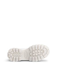 Suola di scarpa in gomma bianca con battistrada testurizzato, lugs circolari e branding. Presenta una finitura liscia e bordi definiti per una migliore aderenza.