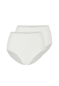 Zwei Paar weiße hochgeschnittene Unterwäsche aus glattem Stoff mit nahtlosem Design und elastischem Bund für zusätzlichen Komfort.