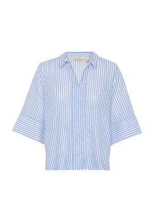 Modra in bela črtasta kratkotrajna majica s ovratnikom in V-izrezom, širokimi rokavi in krajšim krojem. Gladka tekstura tkanine.