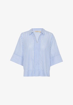 Modra in bela črtasta kratkotrajna majica s ovratnikom in V-izrezom, širokimi rokavi in krajšim krojem. Gladka tekstura tkanine.