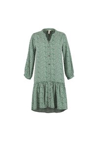 Zelené květinové šaty s knoflíkovou légu vpředu, límečkem, tříčtvrtečními nabíranými rukávy a odstupňovanou volánkovou sukní. Po celém šatu je květinový vzor.