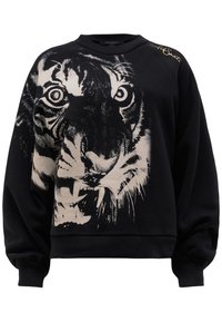 Černá mikina s velkým tygřím motivem v krémové barvě. Žebrovaný kulatý výstřih, dlouhé rukávy s lemy na rukávech a zlatý akcent na rameni.
