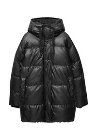 Doudoune noire à finition brillante, dotée d'une capuche, de boutons-pression, de cordons élastiques et de poches latérales. Design matelassé pour l'isolation.