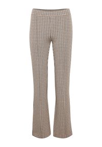 Uitlopende geruite broek in een beige, bruine en zwarte kleurenschema. Voorzien van een rekbare tailleband en een textuurstof met een varkenshuidmotief.