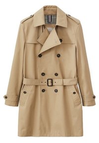 Beżowy płaszcz typu trencz z dwurzędowym zapięciem, paskiem w talii, mankietami na guziki i podszewką w kratę. Posiada dwie przednie kieszenie.