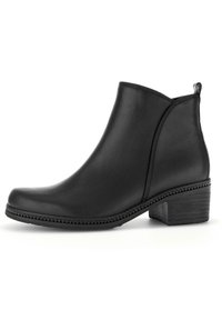 Botas de tobillo de cuero negro con punta redonda, tacón bajo en bloque, paneles laterales elásticos y suela de goma texturizada. Acabado liso, sin adornos.