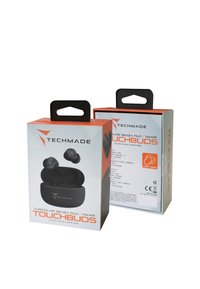 Cuffie wireless nere in una scatola con una finestra trasparente. Il packaging presenta colori arancioni e bianchi, con dettagli tecnici sul retro.