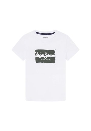 Biały t-shirt z krótkim rękawem i okrągłym dekoltem, z dużym czarnym prostokątnym logo z napisem "Pepe Jeans London" na piersi.