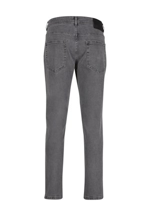 Jeans en denim gris avec une coupe slim, dotés de deux poches arrière et d'un patch de ceinture noir. Le tissu présente une texture et une finition discrètes.