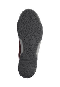 Semelle de chaussure en caoutchouc noir avec un motif de texture pour une bonne adhérence. Les caractéristiques notables incluent des bosses circulaires et des formes géométriques pour une meilleure traction.