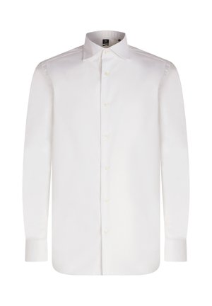 Camicia bianca a maniche lunghe realizzata in tessuto liscio, con colletto classico e chiusura frontale con bottoni. Polsini testurizzati e orlo dritto.