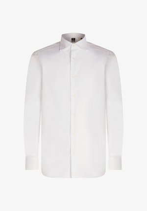 Bílá košile s dlouhými rukávy vyrobená z hladkého materiálu, s klasickým límečkem a zapínáním na knoflíky vpředu. Texturované manžety a rovný lem.