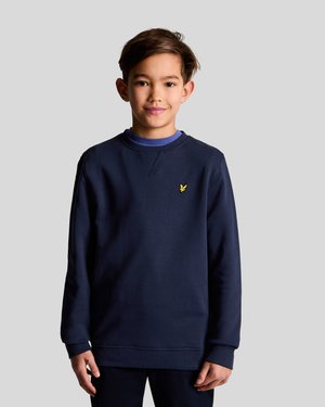 Felpa blu navy con maniche lunghe, scollo rotondo e un piccolo logo giallo sul petto. Realizzata in un tessuto morbido con una finitura liscia.