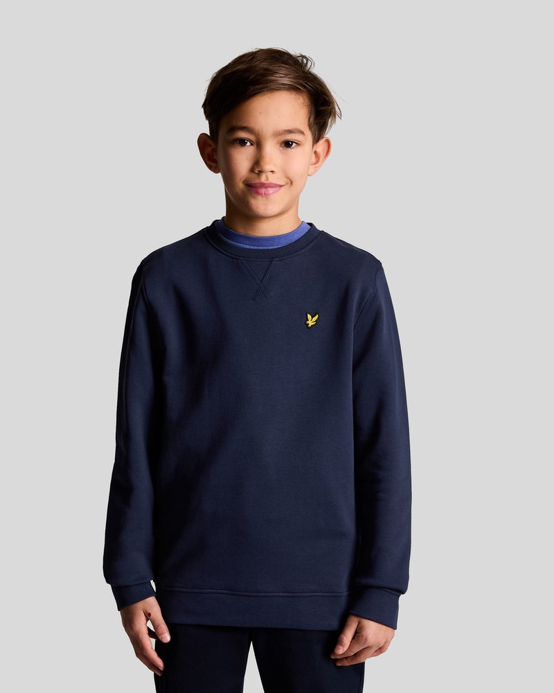 Felpa blu navy con maniche lunghe, scollo rotondo e un piccolo logo giallo sul petto. Realizzata in un tessuto morbido con una finitura liscia.