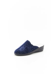 Pantofola in velluto blu navy con una texture liscia, tacco basso e un motivo floreale. Design con chiusura sul retro e punta rotonda per il massimo comfort.