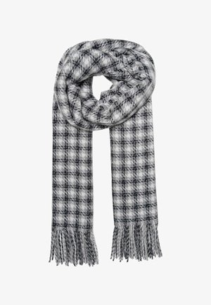 Sciarpa scozzese con colori grigi, bianchi e neri, realizzata in morbido tessuto con bordi frangiati e un motivo testurizzato.