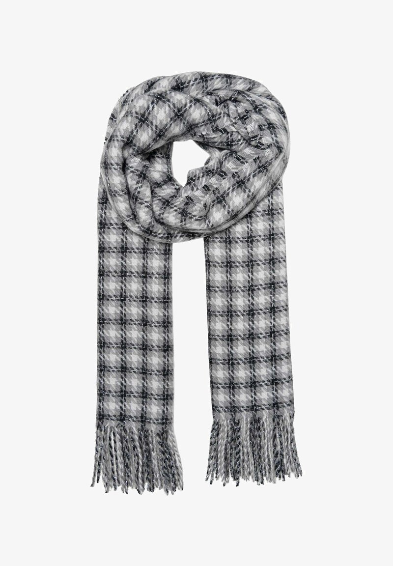 Sciarpa scozzese con colori grigi, bianchi e neri, realizzata in morbido tessuto con bordi frangiati e un motivo testurizzato.
