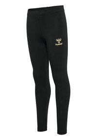 Zwarte leggings van rekbare stof, met een gladde textuur, hoge tailleband en een gouden logo aan de linkerkant.