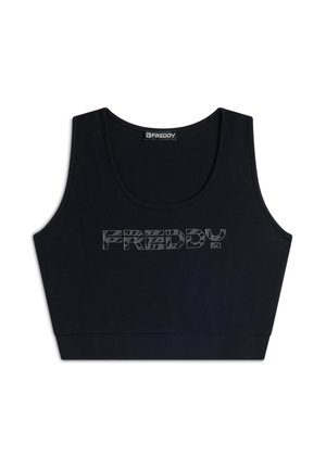Crop top nero realizzato in tessuto morbido, con una scollatura ampia e un audace logo "FREDDY" in un design a pattern sul davanti.
