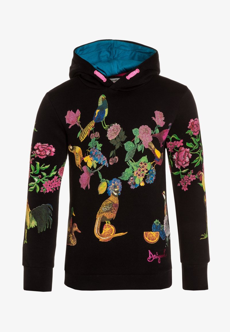 Sweat à capuche noir avec des oiseaux et des fleurs brodés colorés, doté d'une doublure intérieure turquoise et de cordons de serrage roses. Design texturé et vibrant.
