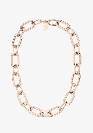 Metal chain necklace featuring elongated, interlinked oval-shaped links in a polished rose gold finish, with a small tag attached.