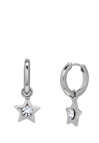 Boucles d'oreilles en argent en forme de créoles avec un charme en étoile orné d'un rhinestone transparent au centre, texture lisse et finition polie.