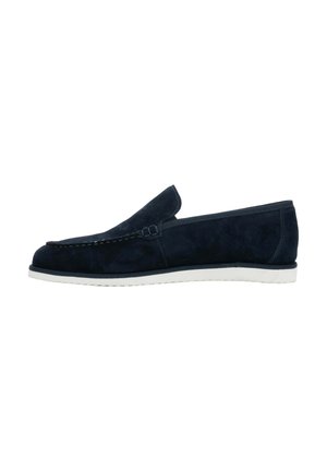 Navyblaue Veloursleder-Slipper-Mokassins mit weißer Gummisohle, mit abgesteppten Details entlang des oberen Randes.