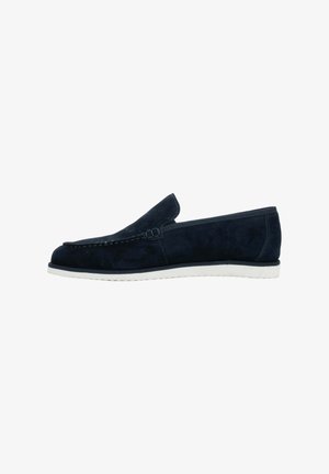Navyblaue Veloursleder-Slipper-Mokassins mit weißer Gummisohle, mit abgesteppten Details entlang des oberen Randes.