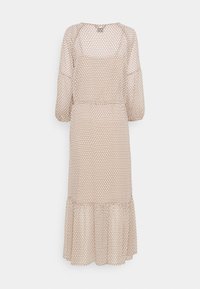 Lätt och genomskinlig klänning med en beige bas och vågmönster i brunt. Har långa ärmar, rundad halsringning och en volangkant.