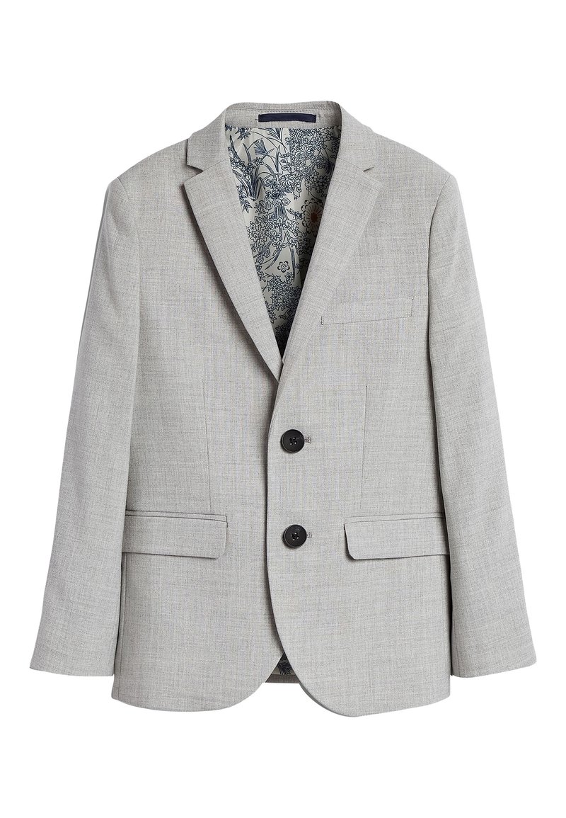 Blazer grigio chiaro con due bottoni frontali, rever a punta, tasche laterali e fodera interna con motivo. Tessuto texturizzato con una leggera trama.