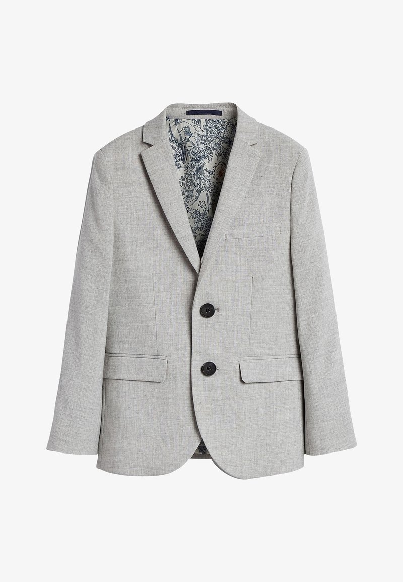 Blazer grigio chiaro con due bottoni frontali, rever a punta, tasche laterali e fodera interna con motivo. Tessuto texturizzato con una leggera trama.
