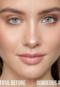 Comparaison de demi-visage d'une personne montrant différentes textures de peau. À gauche, les pores sont visibles, tandis qu'à droite, la peau semble lisse avec un fini brillant.