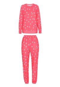 Roze pyjama set bestaande uit een lang mouwtop en broeken met elastische tailleband, beide met een wit hartpatroon. Glad materiaal met elastische manchetten.