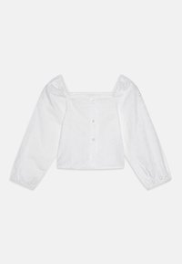 Blusa bianca in cotone con scollatura quadrata, maniche lunghe a sbuffo e dettagli floreali ricamati. Chiusura frontale con bottoni e tessuto testurizzato.