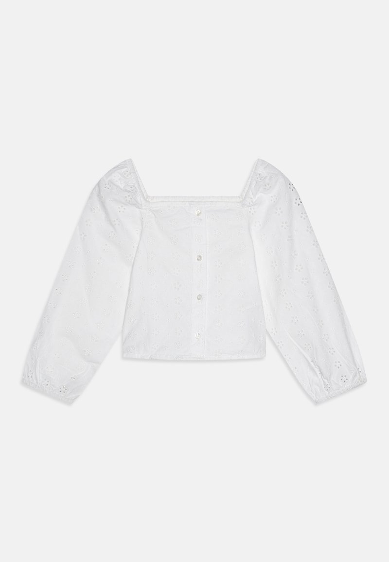 Blusa bianca in cotone con scollatura quadrata, maniche lunghe a sbuffo e dettagli floreali ricamati. Chiusura frontale con bottoni e tessuto testurizzato.