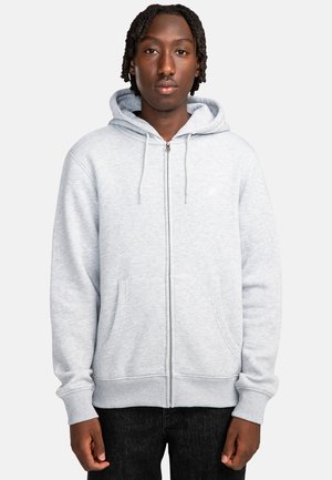 Grauer Reißverschluss-Hoodie aus weichem Baumwoll-Mix, mit einer Vordertasche, Kordelzugkapuze und gerippten Bündchen. Glatte Textur ohne Muster.