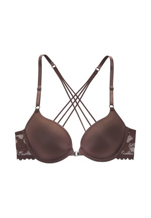 Brauner, gepolsterter BH mit sich vorne kreuzenden dünnen Trägern, verstellbaren Schulterträgern, Spitzenbesatz an den Seiten und einer vorderen Verschlussklammer.