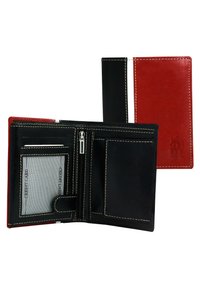 Leather wallet featuring black and red panels, contrasting stitching, multiple card slots, a zippered compartment, and a smooth texture.