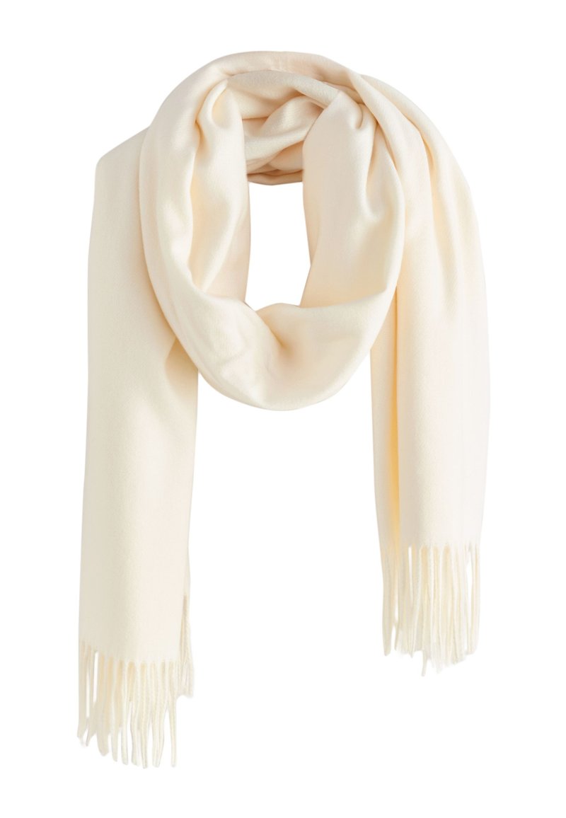 Cream-colored scarf made of soft fabric, featuring a smooth texture and fringed ends for added detail.